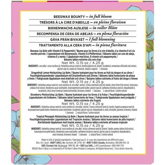 BURT'S BEES 4 Lip Balm Gift Set Beeswax Dragonfruit Lemon Strawberry Pineapple - Picture 3 of 3